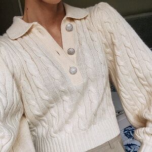 Ronny Kobo Cream Collared Cable Knit Sweater
